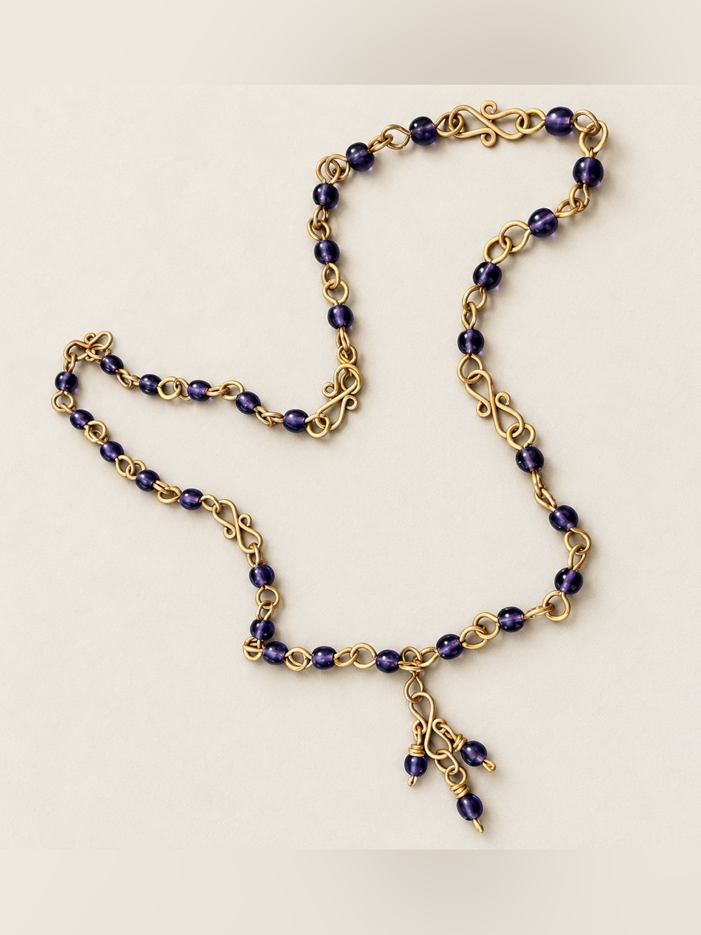 Handmade Purple Bead Necklace Gold Tone Wirework Dangle Boho